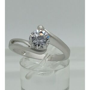 Modernist Silver Tone Matte Bypass Ring Round Cubic Zirconia Tension Set Size 9